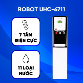 Máy lọc nước điện giải iON kiềm ROBOT UHC 6711 là model đặc biệt sản xuất với công nghệ tiên tiến trang bị đến 7 tấm điện cực lớn nhất, có khả năng tạo ra đến 11 loại nước đa chức năng, với 5 mức nước iON kiềm (pH 8.5 - 10.5), nước lọc trung tính - Nóng - Lạnh