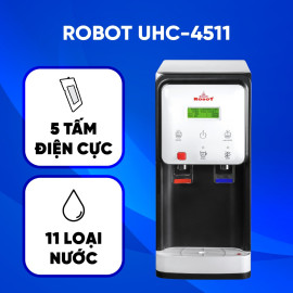 Máy lọc nước điện giải iON kiềm ROBOT UHC 4511 là model đặc biệt sản xuất với công nghệ tiên tiến trang bị đến 5 tấm điện cực lớn nhất, có khả năng tạo ra đến 11 loại nước đa chức năng, với 5 mức nước iON kiềm (pH 8.5 - 10.5), nước lọc trung tính - Nóng - Lạnh (pH 7.0) & 3 mức nước iON axit (pH 4.5 - 5.5)